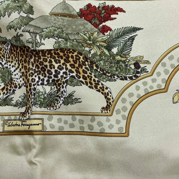 Auth Salvatore Ferragamo - Dark Green Cream Multi Rayon Silk Scarf - Picture 6 of 7